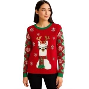 33 Degrees Fun llama wearing glasses
snowflakes sequins Ugly Christmas Sweater